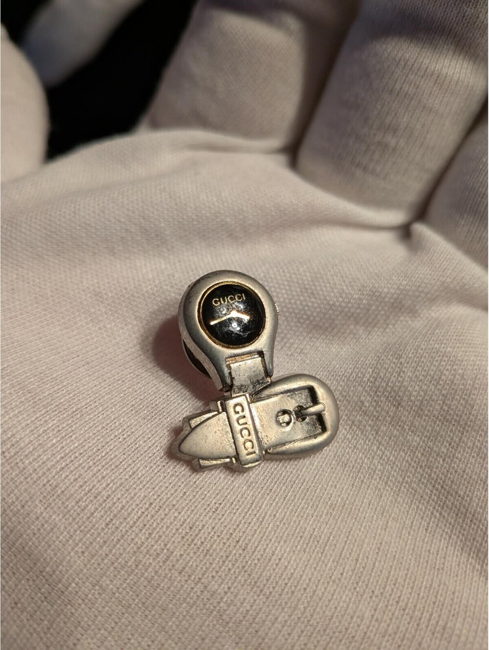 Vintage GUCCI Silver Tone & Black Enamel 6700L Watch Face & Belt Lapel Pin